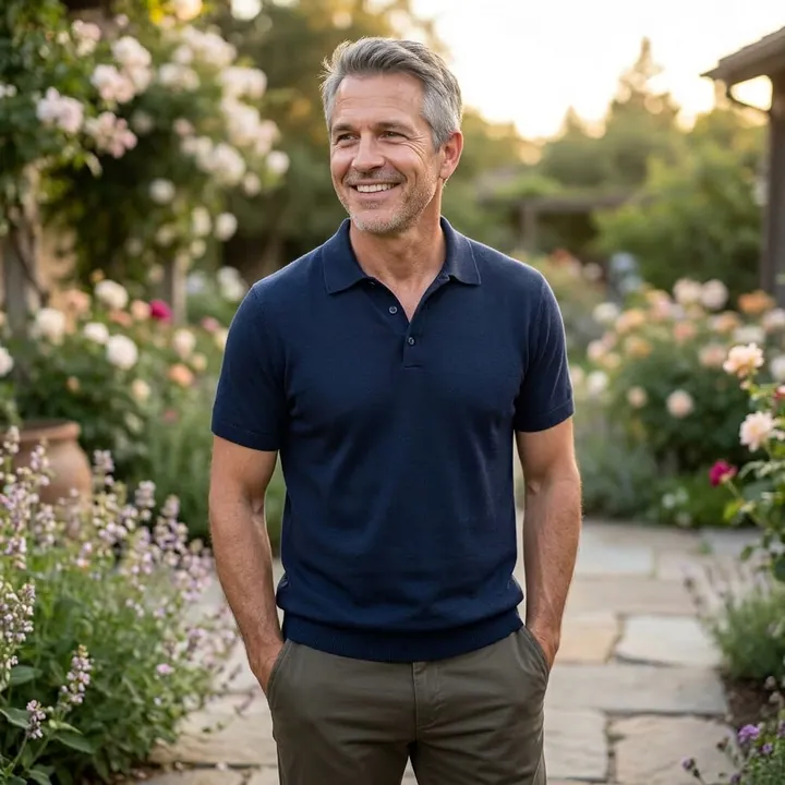 Relaxed man standing in a flower garden
