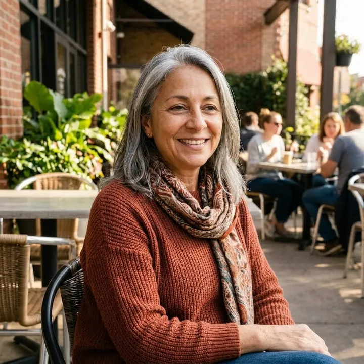 Woman smiling at a café terrace